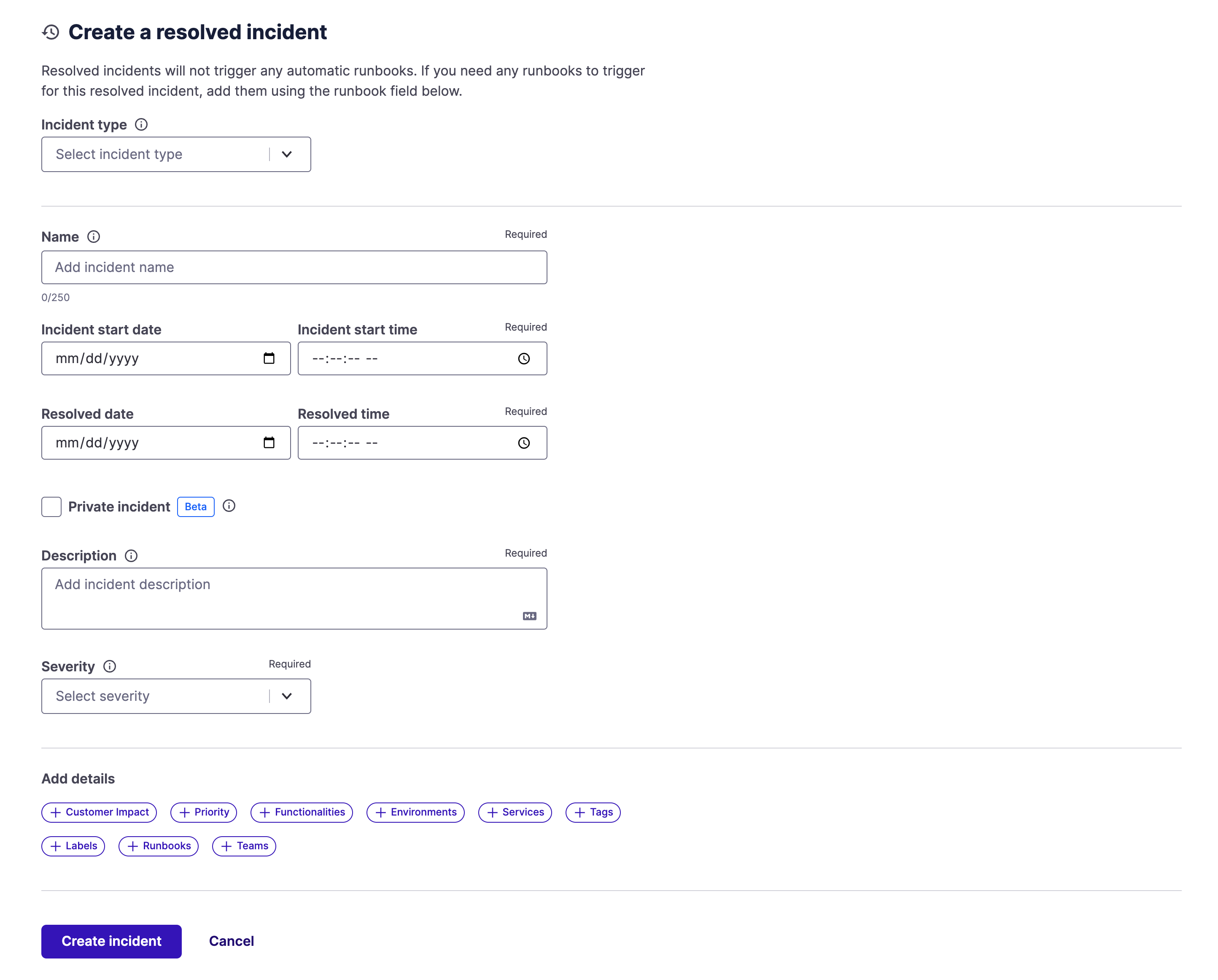 Create Resolved Incident web form