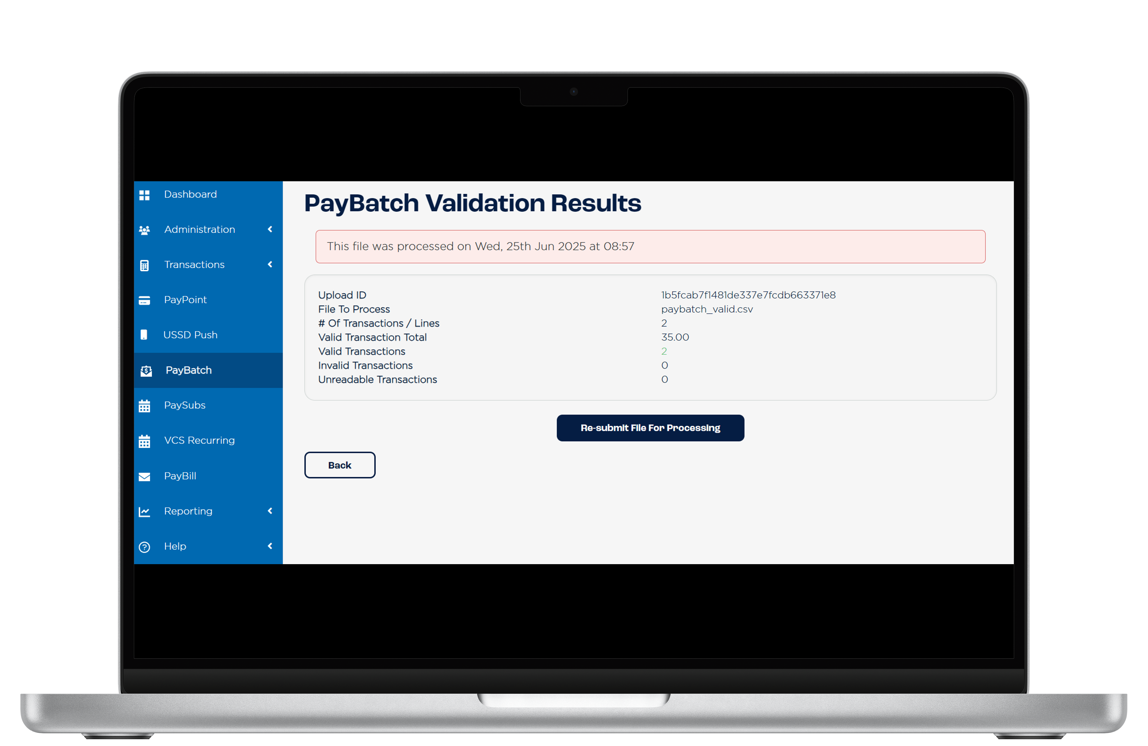 The screenshot displays what happens when a duplicate file is submitted.