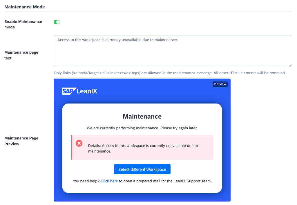 Enabling Maintenance Mode for a Workspace