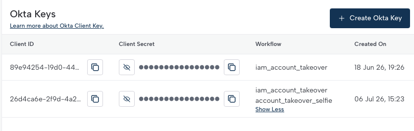 Socure dashboard Key Management showing a created Okta Key with its Client ID, Client Secret, and workflow