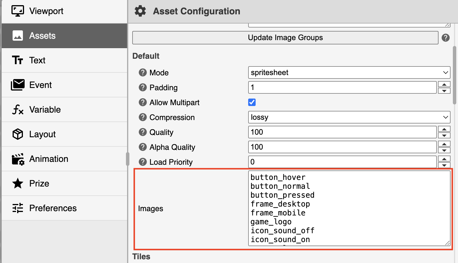 Images field in the Editor's Asset Configuration window