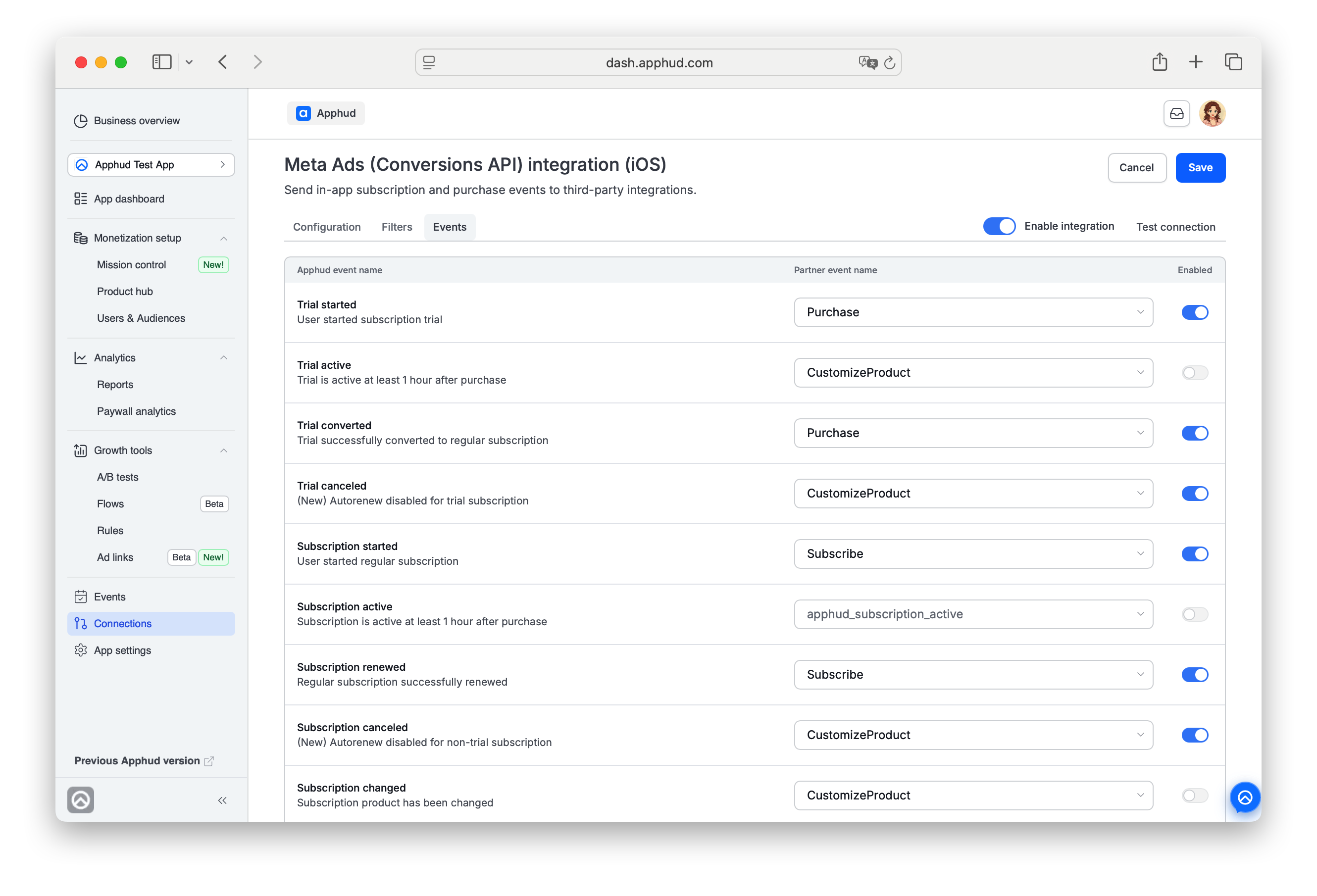 Apphud - Event mapping for Web-to-App