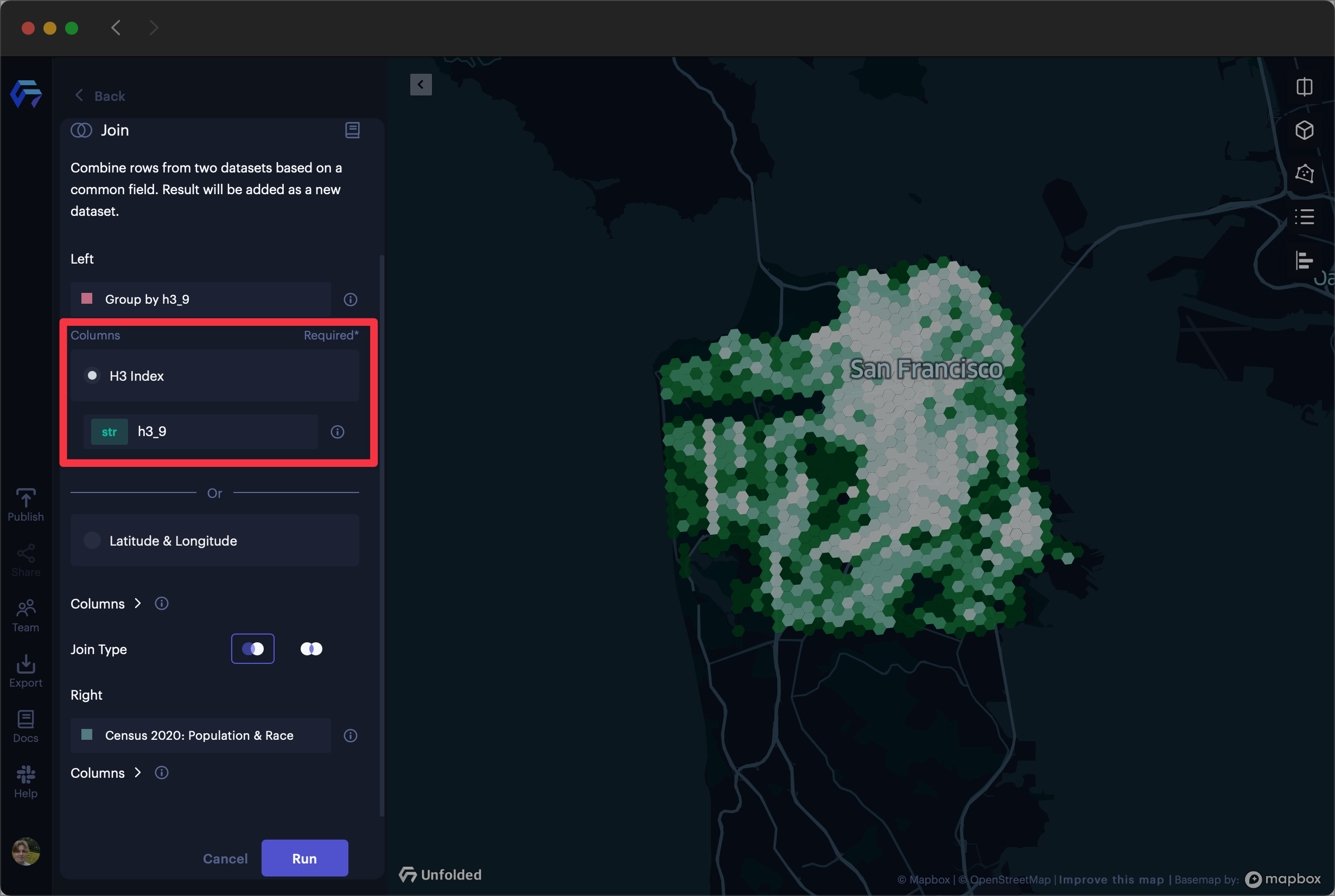 Selecting a column containing h3 indexes of tree locations in San Francisco.