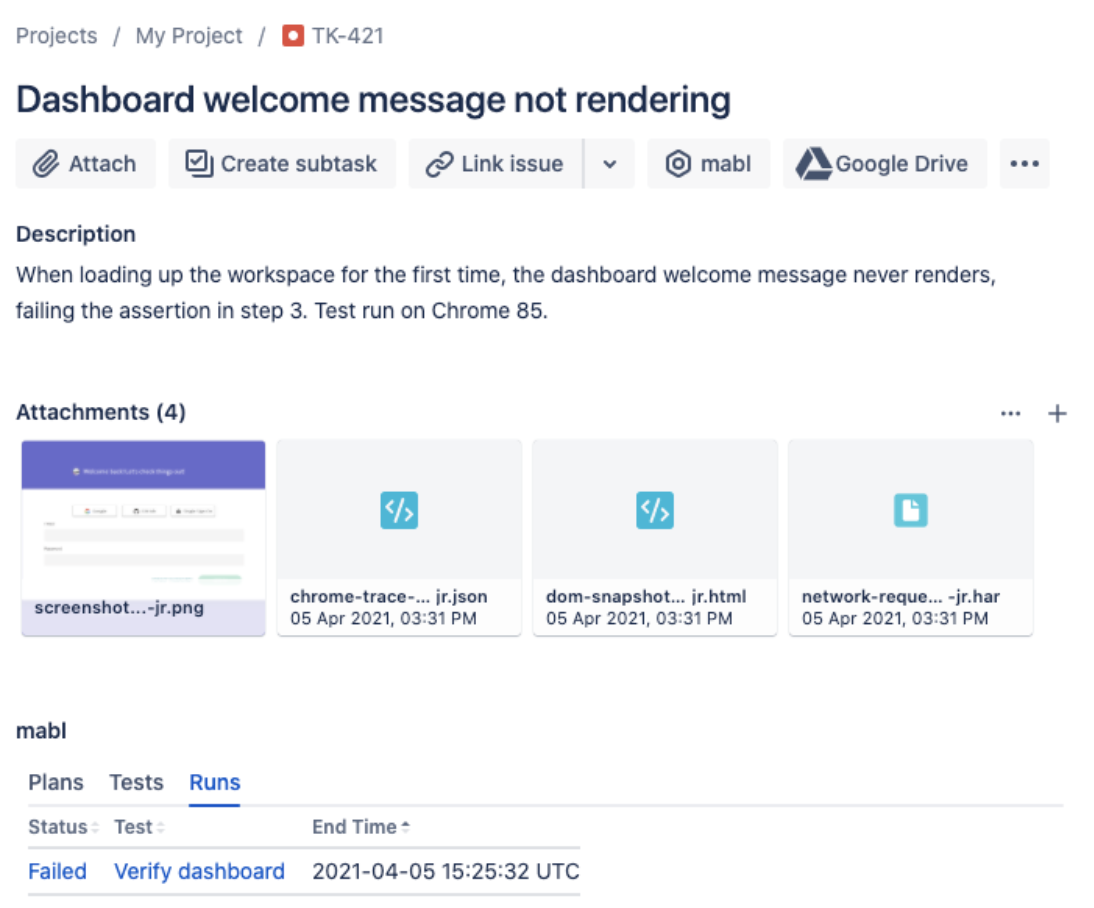Jira issue with mabl test diagnostics