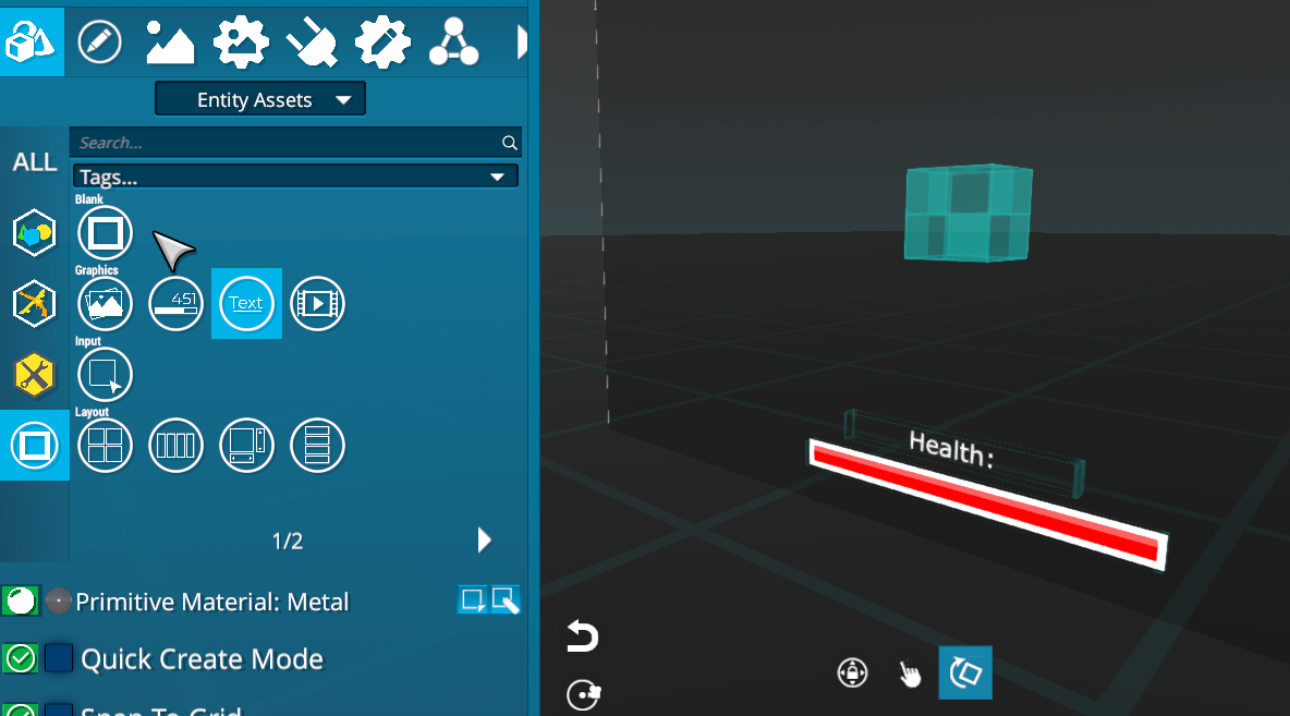 A UI Canvas is placed in the world then the UI entities are added to it. Here a NumberBar is added to be used to display health.