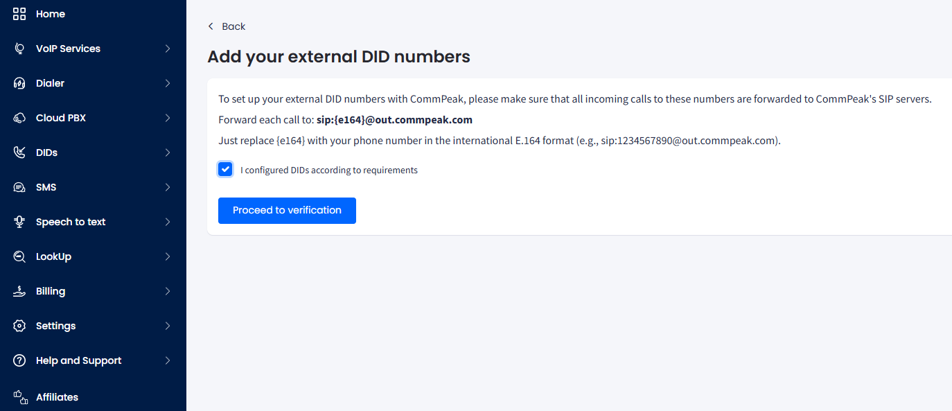 Screenshot of the Add your external DID numbers SIP forwarding requirements step