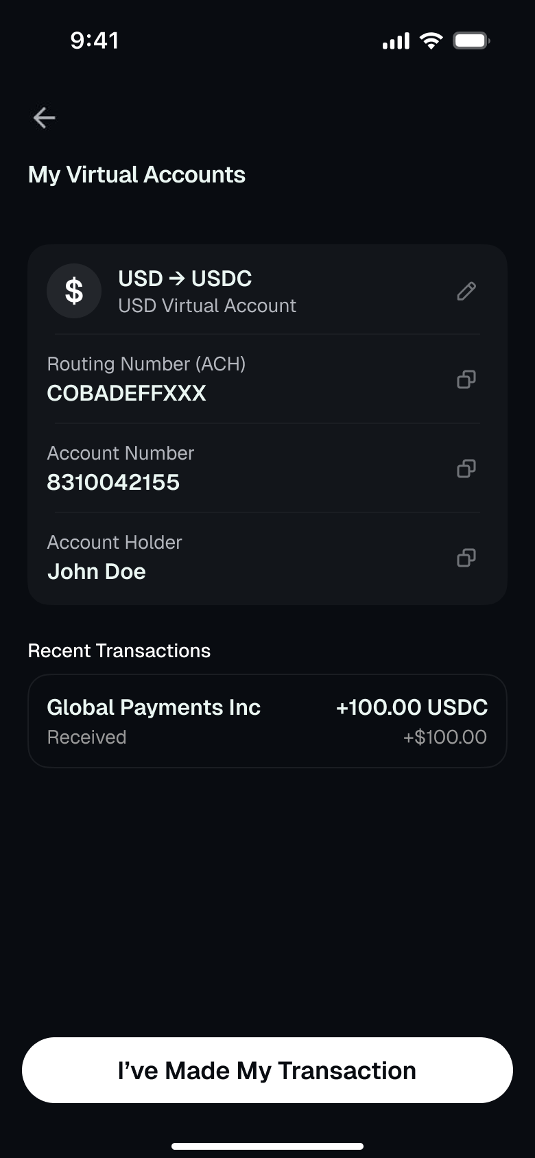 View virtual account details natively in example partner app