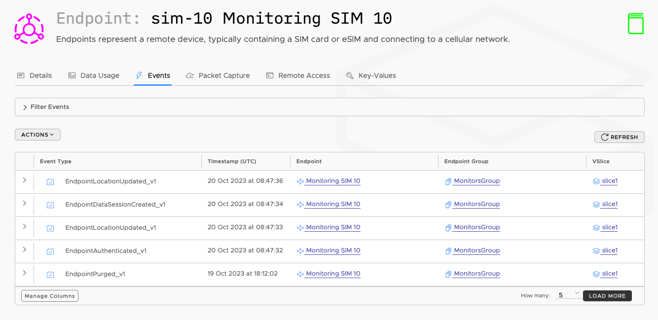 Event detail, including network (RAT) type, in JSON format can also be shown by clicking the arrow icon.