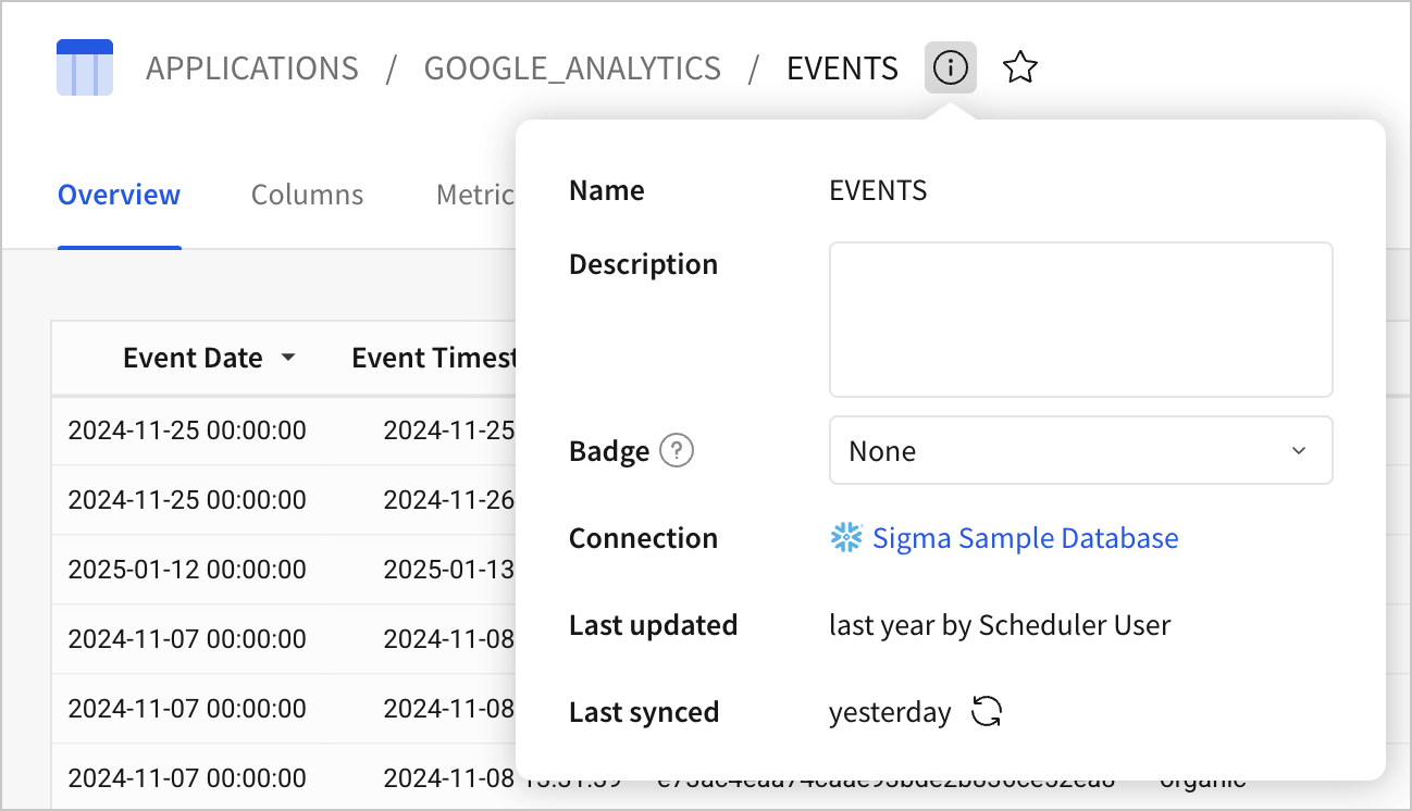 More info options for sample EVENTS table, showing a description, badge, conneciton, last updated, and last synced information for the table.