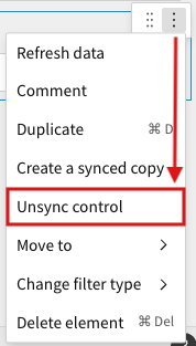 Screenshot of open More menu with Unsync control highlighted