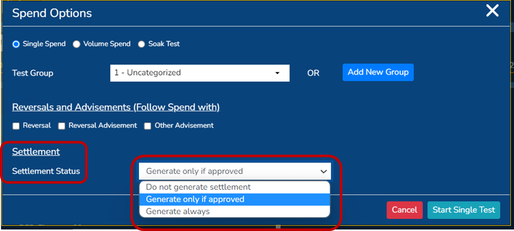 Test screen: selecting settlement status