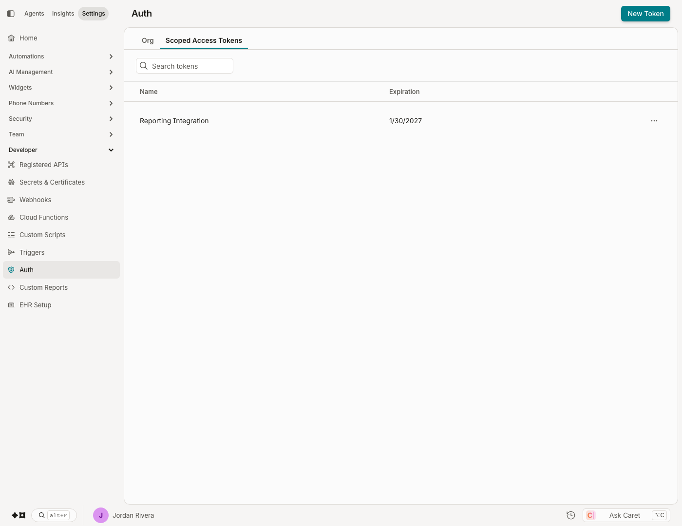 The Auth screen's Scoped Access Tokens tab. Each token shows its name and expiration; expand a row's ⋯ menu for actions.