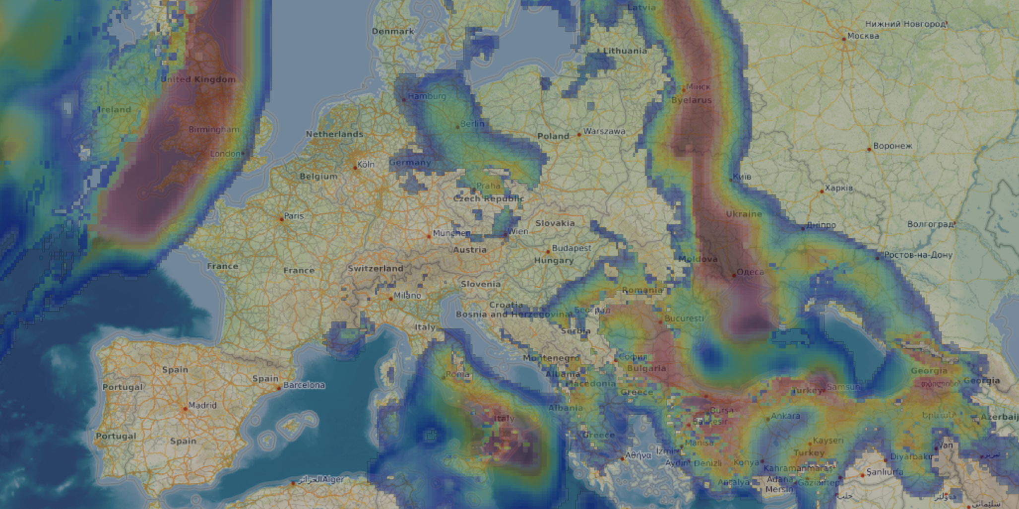 Rain probability layer over an OpenStreetMap and topographic layer.