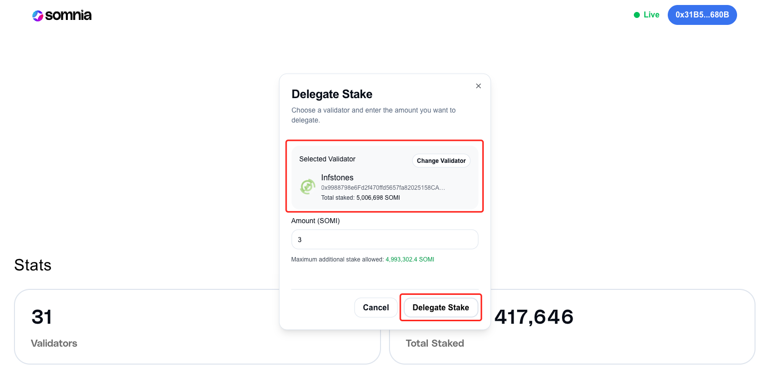 Enter Stake Amount and Confirm Delegation