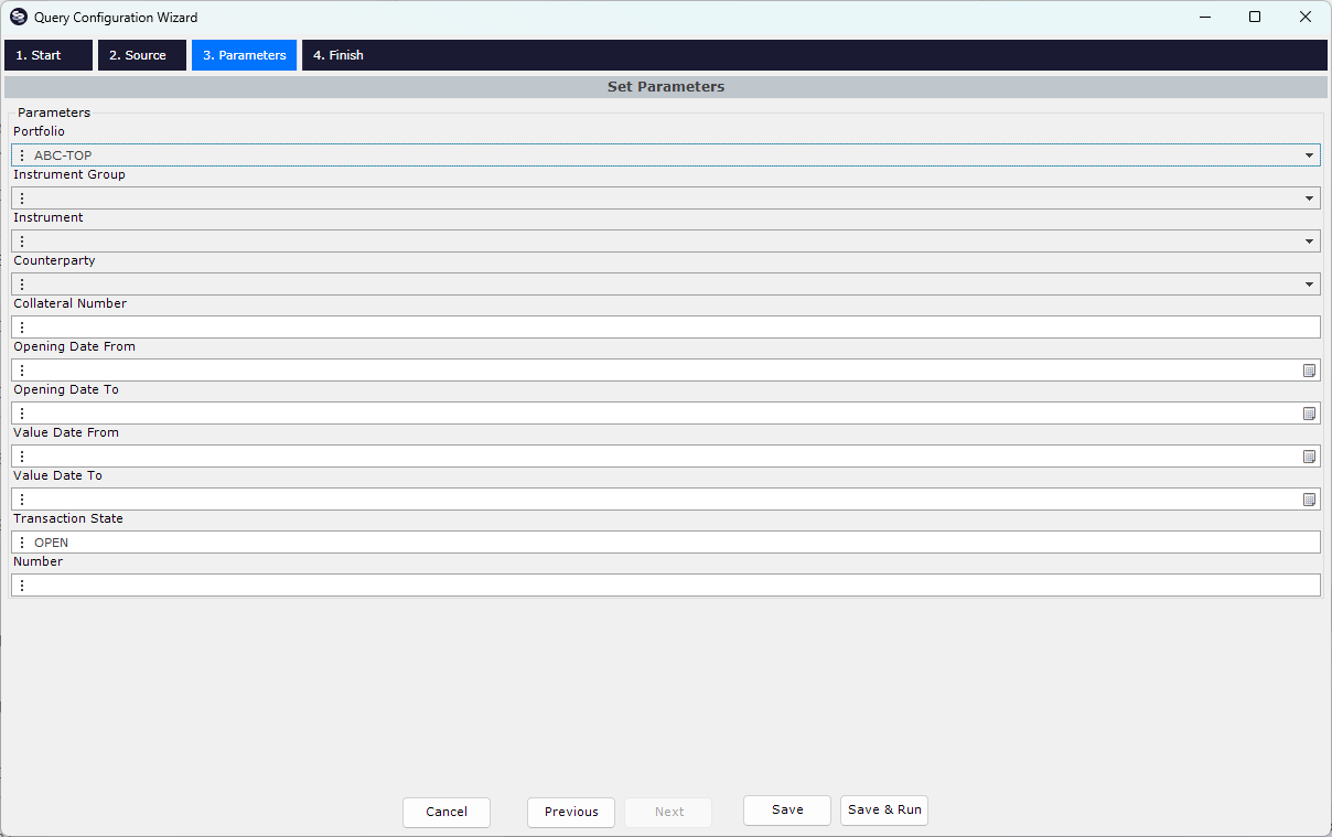 The Set Parameters step of the Query Configuration Wizard, showing the Portfolio, Instrument Group, Instrument, Counterparty, Collateral Number, Opening and Value date ranges, Transaction State and Number fields