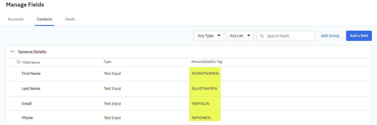 An image highlighting personalization tags inside of the Manage Fields section of Active Campaign Contacts