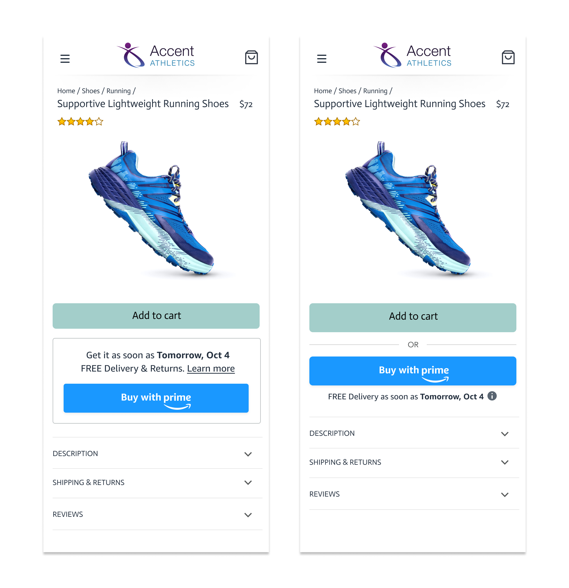 Product detail page showing two variations of the Buy with prime button