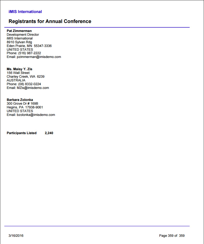Viewing the Registration List report example