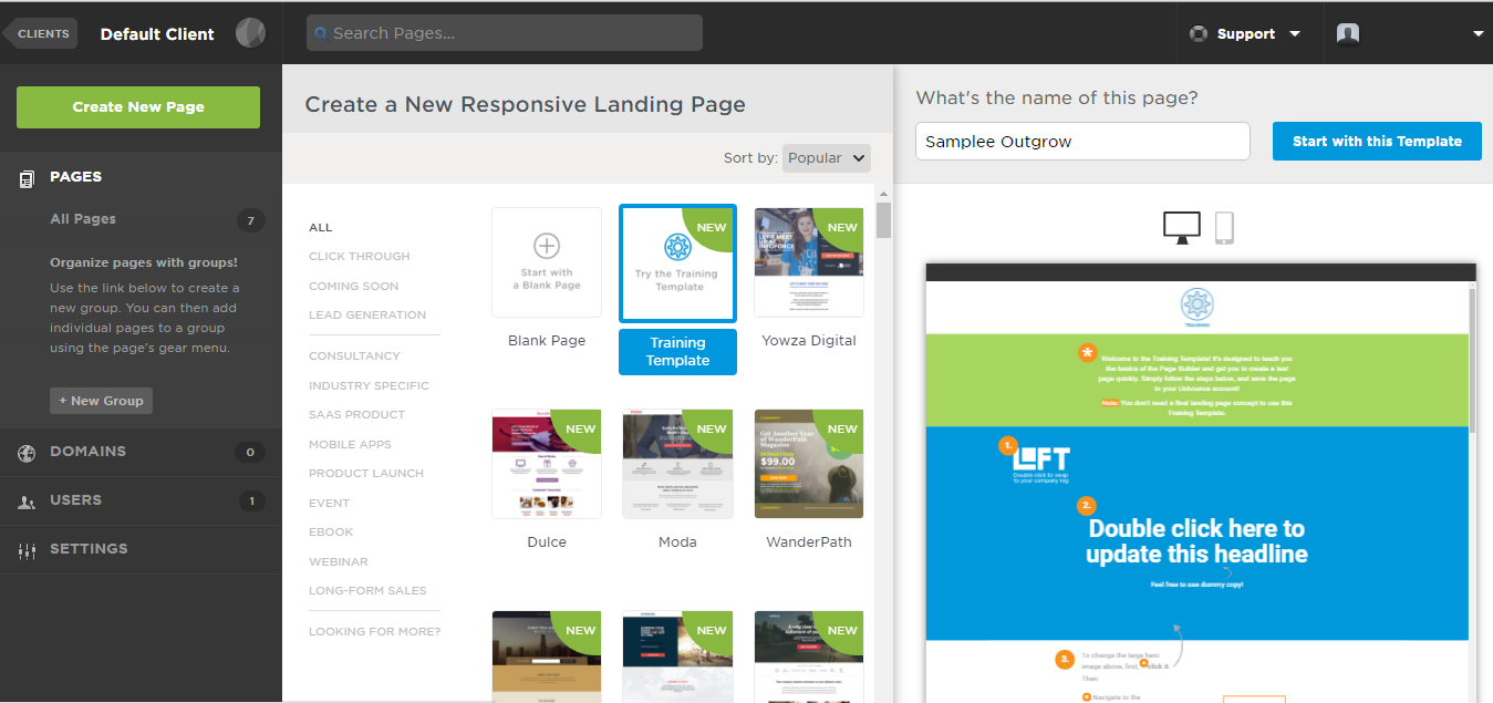 Create New page on Unbounce