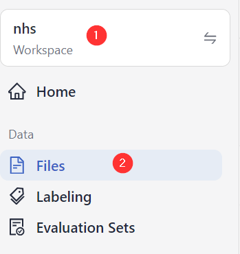 The left navigation with step one on the workspace name and step two on the Files option.