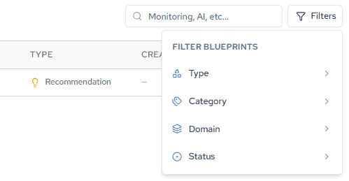 The Filters menu on the Blueprints page, offering Type, Category, Domain, and Status