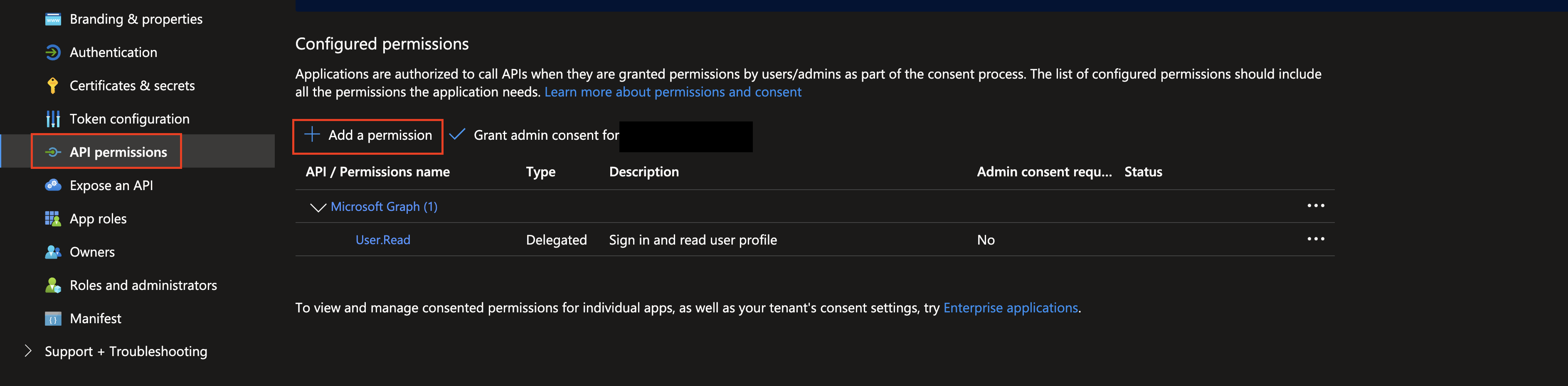 FIG. 4 - Adding permissions to an App registration