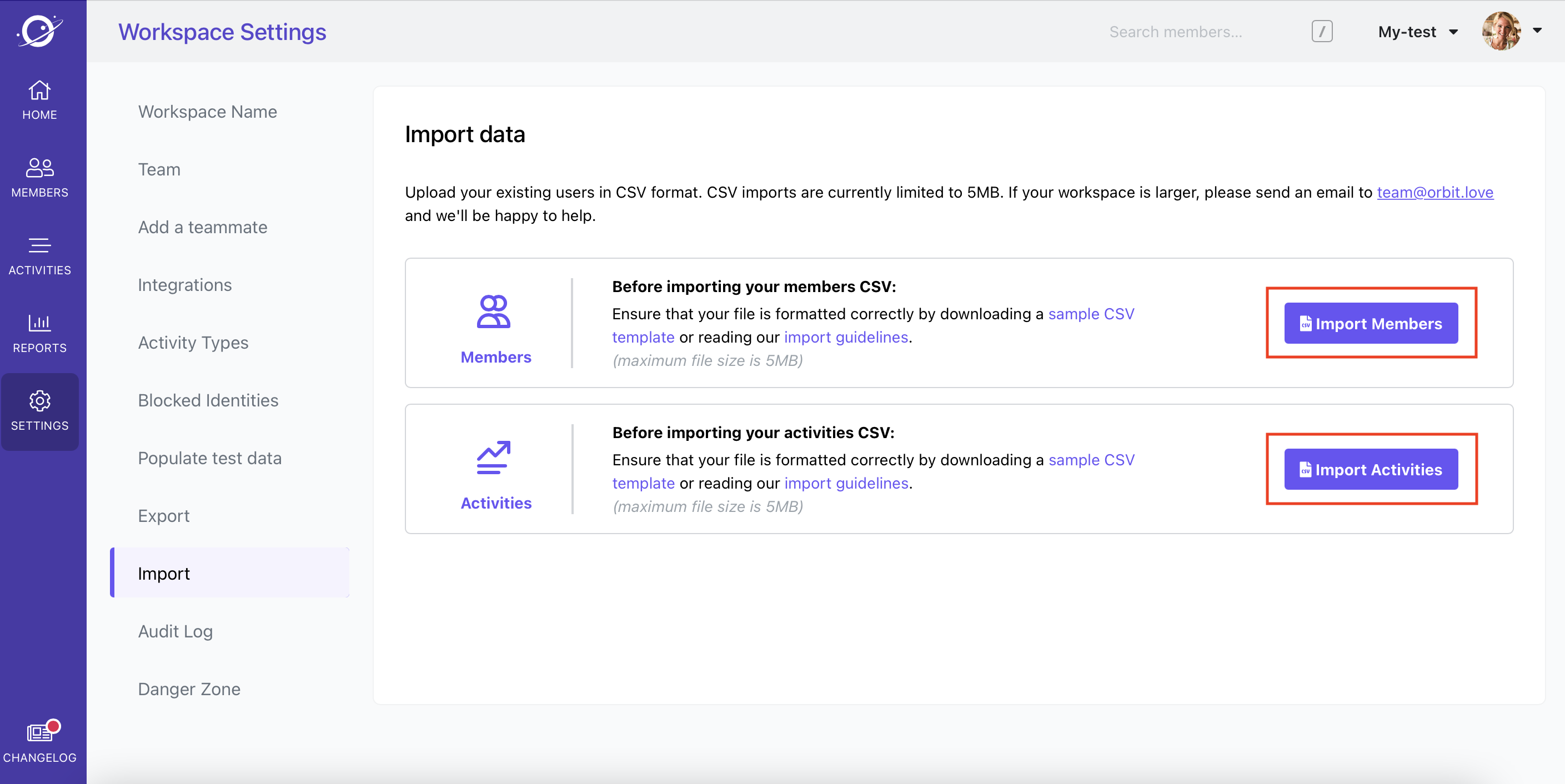 Workspace Settings-Import-Data.png The Import Members via CSV button from the Import page is outlined.
The Import Activities via CSV button from the Import page is outlined.