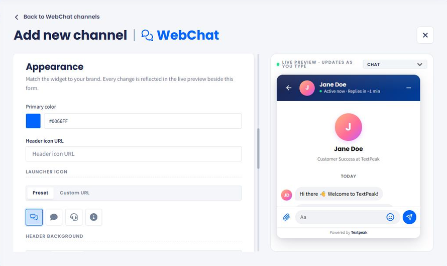 Screenshot of the live preview set to Chat, showing an open conversation with an agent