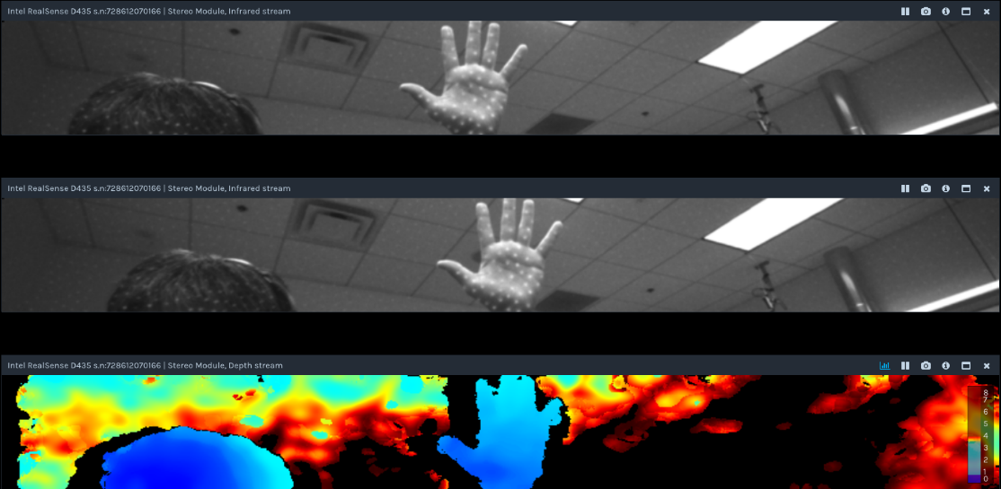 Fig. 2 Infrared and depth stream images. Top: Right infrared stream (index 2). Middle: Left infrared stream (index 1). Bottom: Depth stream (index 0), which is seen to be aligned to left infrared stream.