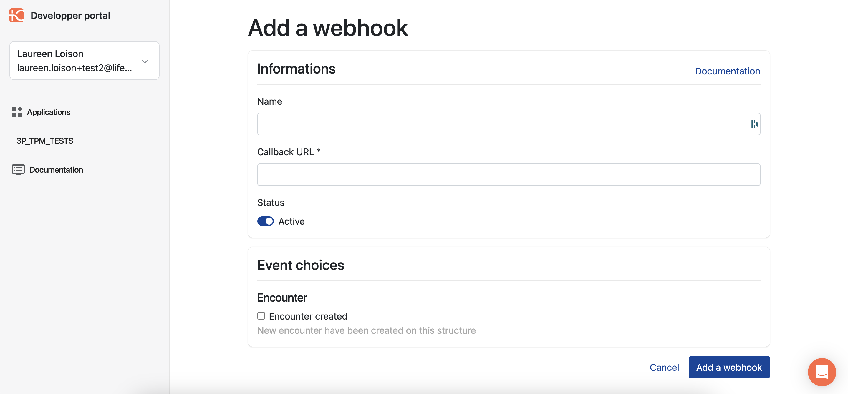 Webhook creation form