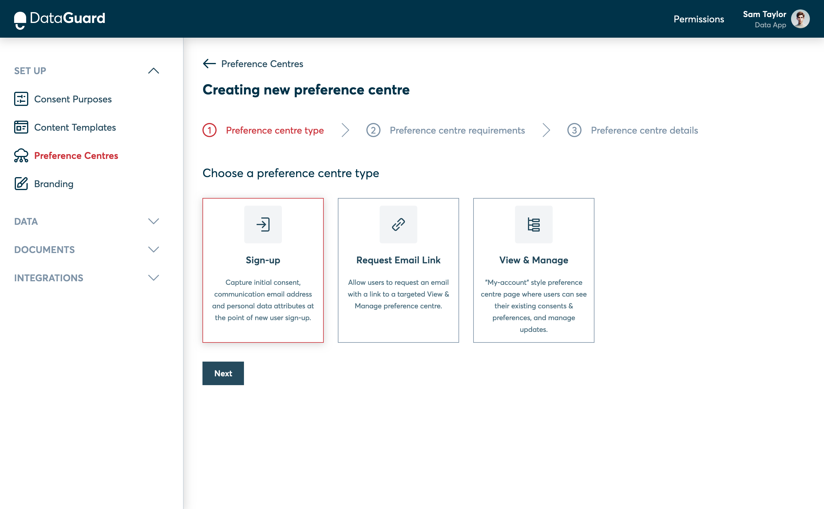 The Preference centre type step of the Preference Centre UI.