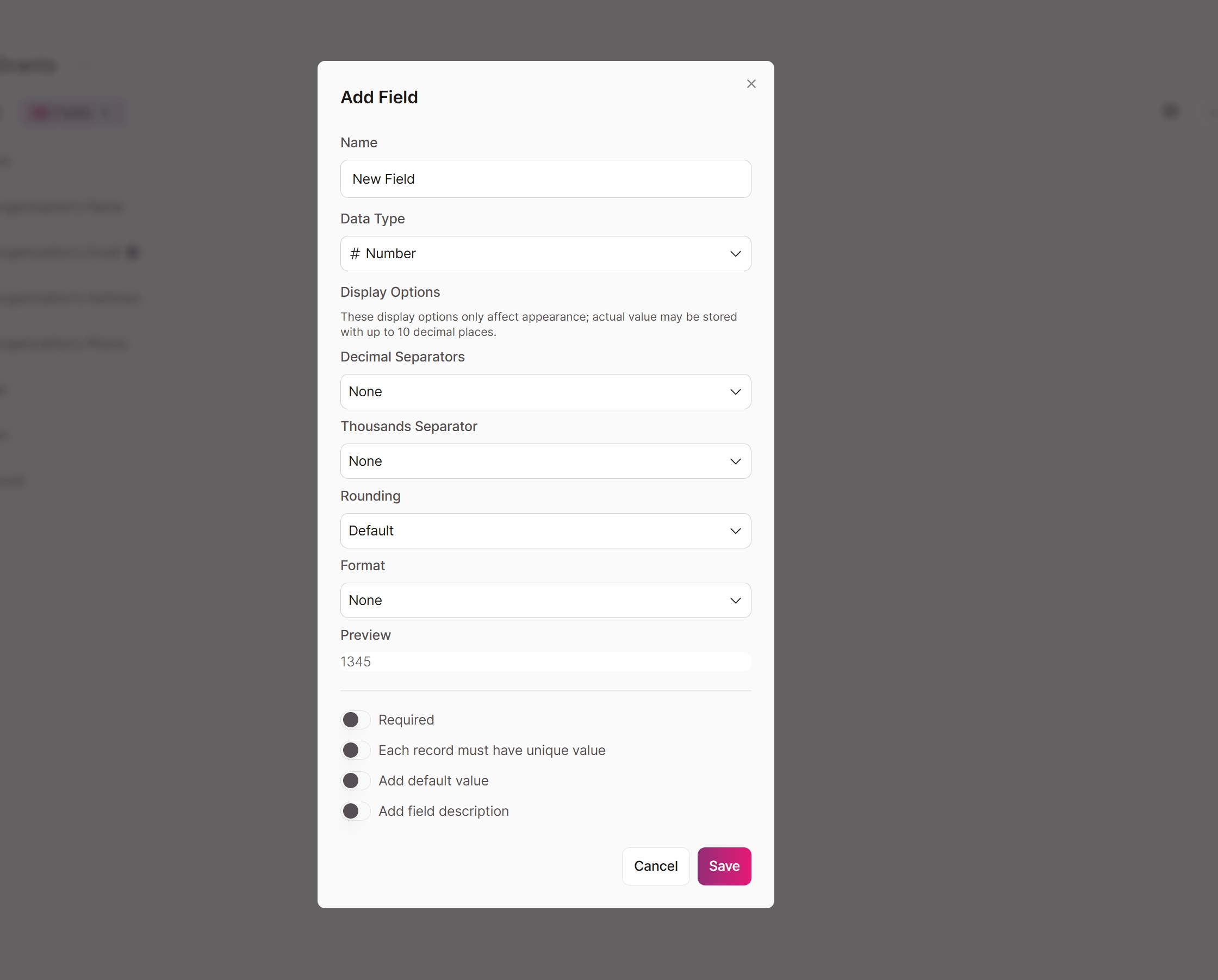 Number field settings