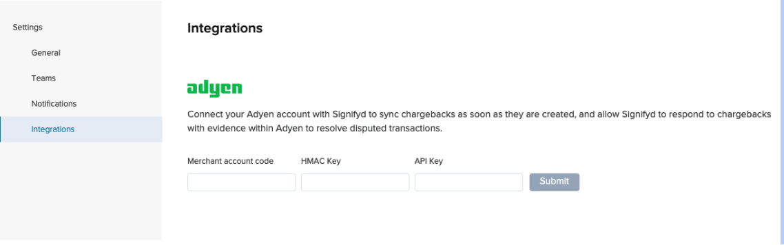 Integrations page within Signifyd