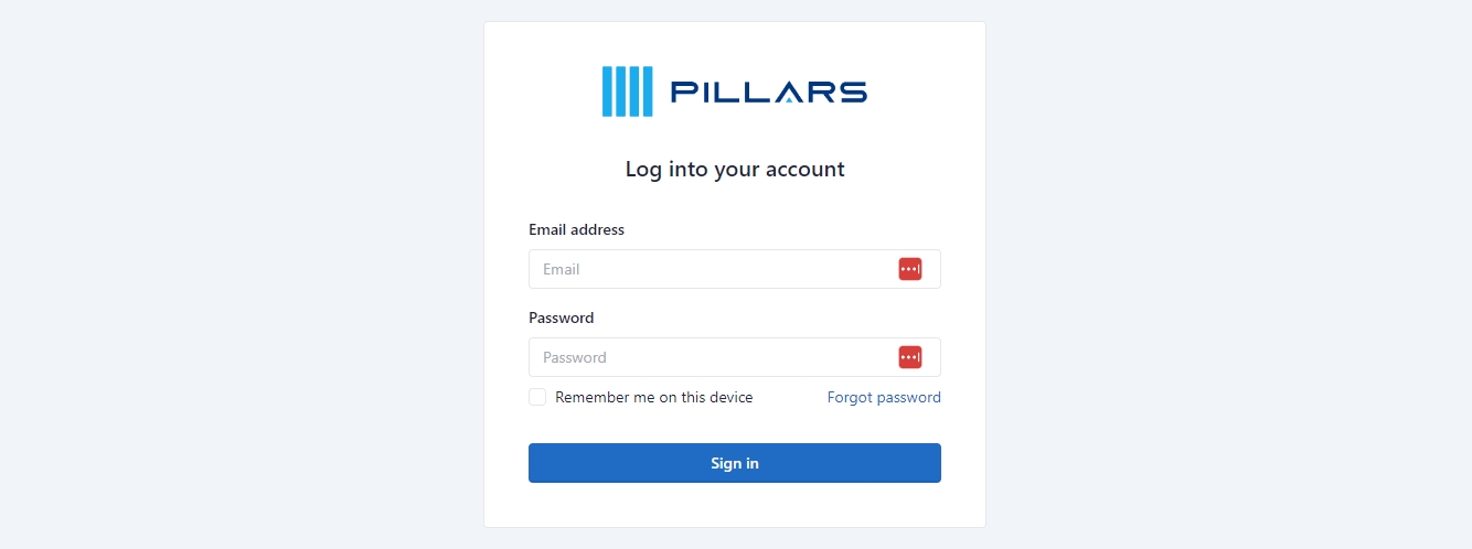 Pillars Application Login Screen