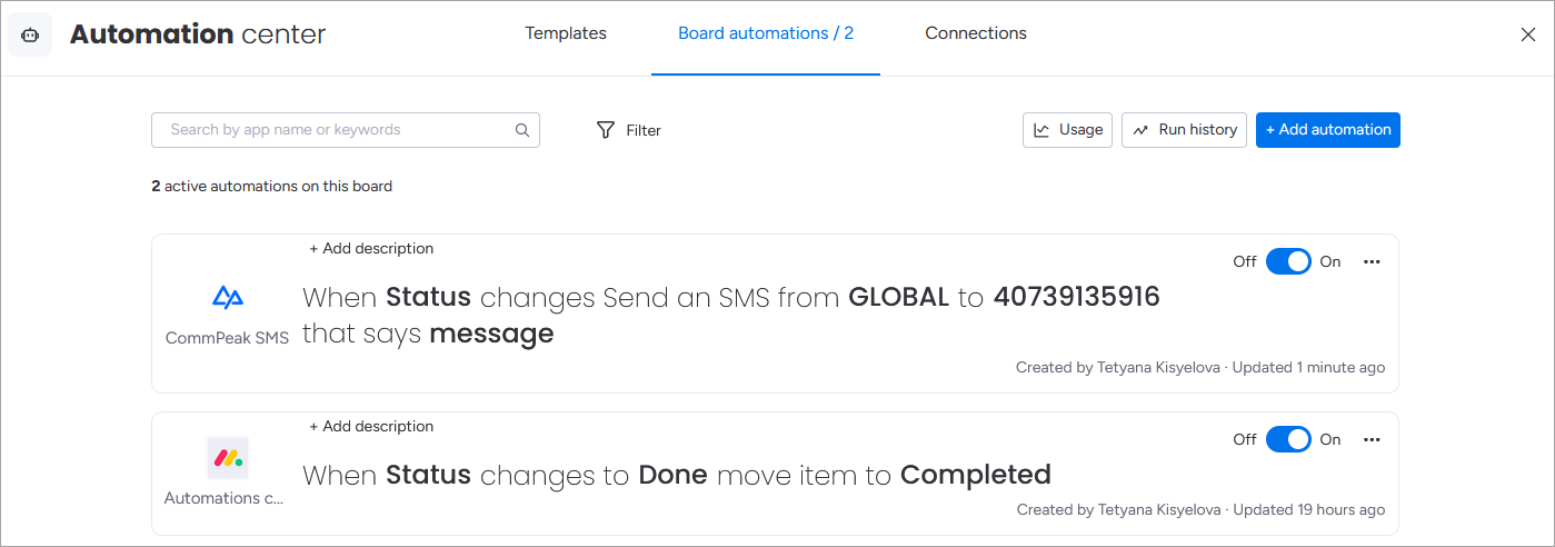 Screenshot of the **Board automations**  tab