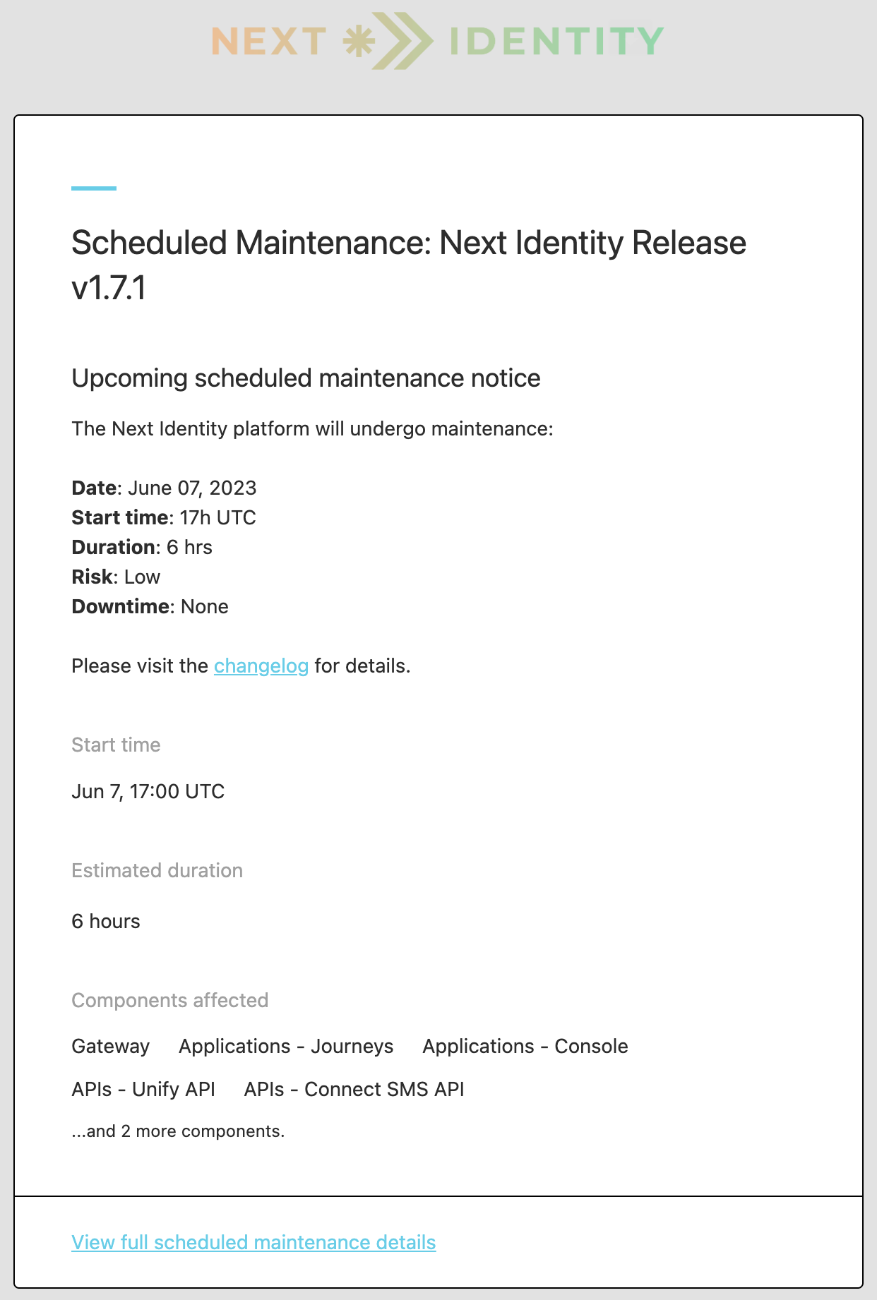An example of a Scheduled Maintenance alert email notification for the Next Identity Platform.