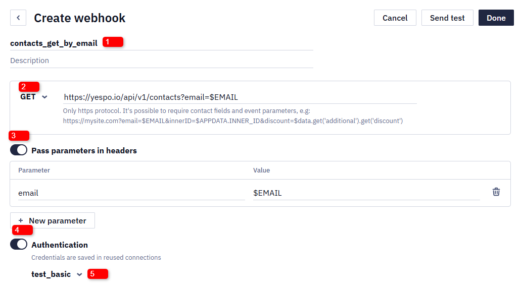 Create webhook window for contacts_get_by_email with numbered callouts for the webhook name, GET request URL, Pass parameters in headers toggle, Authentication toggle, and New connector option