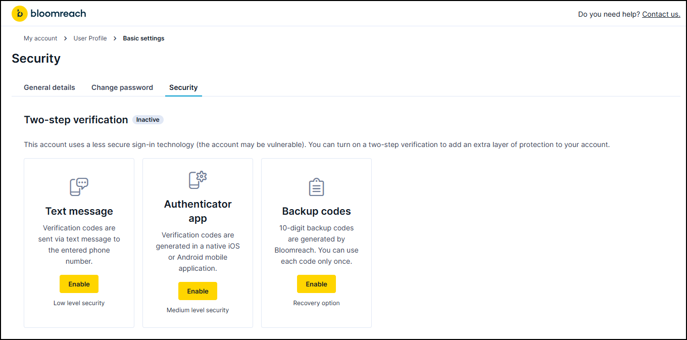 Security tab in Basic settings, showing two-step verification setup with three method options: Text message, Authenticator app, and Backup codes, each with an Enable button.