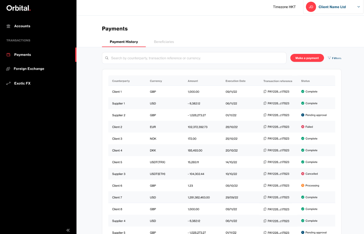 Payments history screen showing a table / list of historic payments