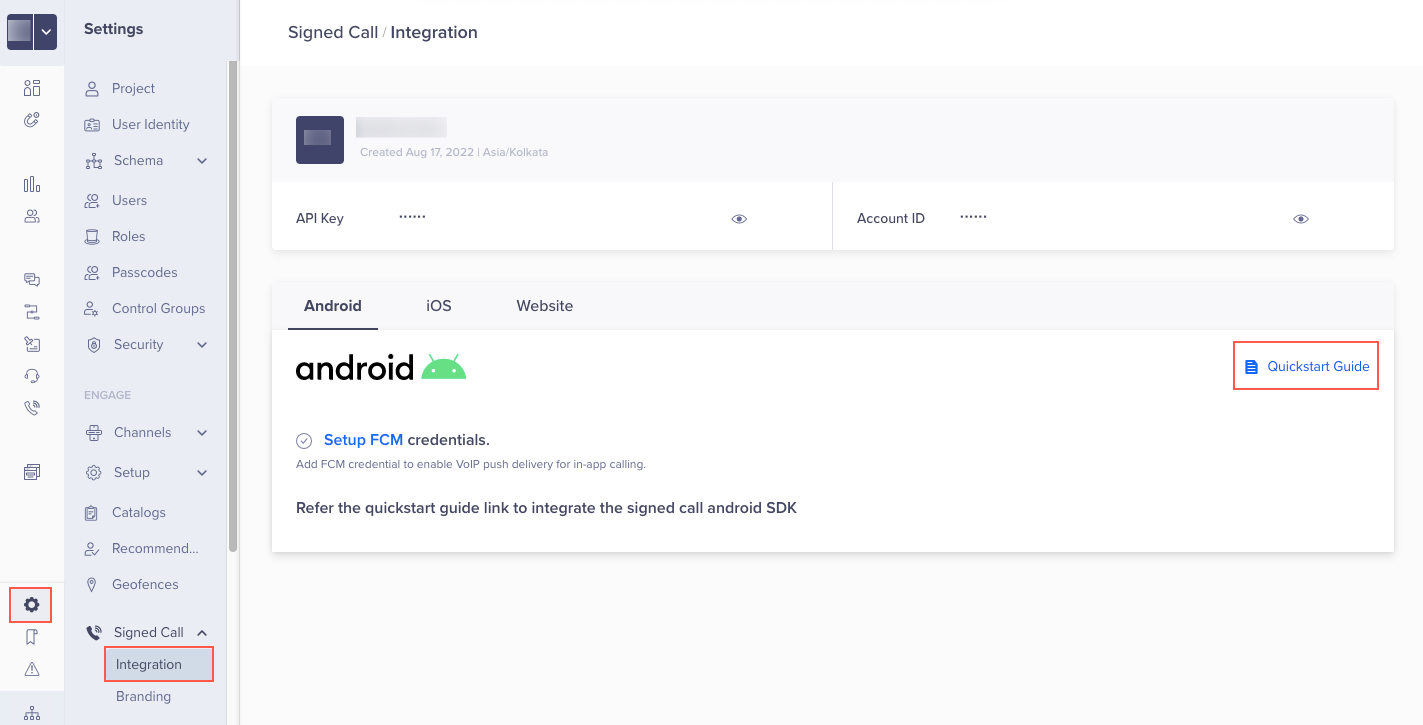 A dashboard screen showing Signed Call SDK Integration steps for Android, iOS, and Web platforms. Refer to the Quick Start Guide for documentation