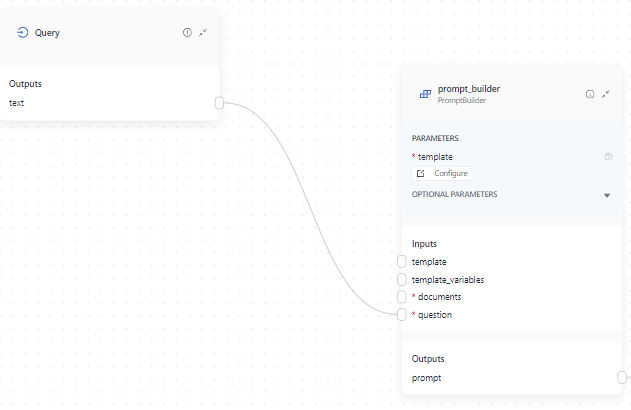 PromptBuilder's question input connected to the Query component in studio.