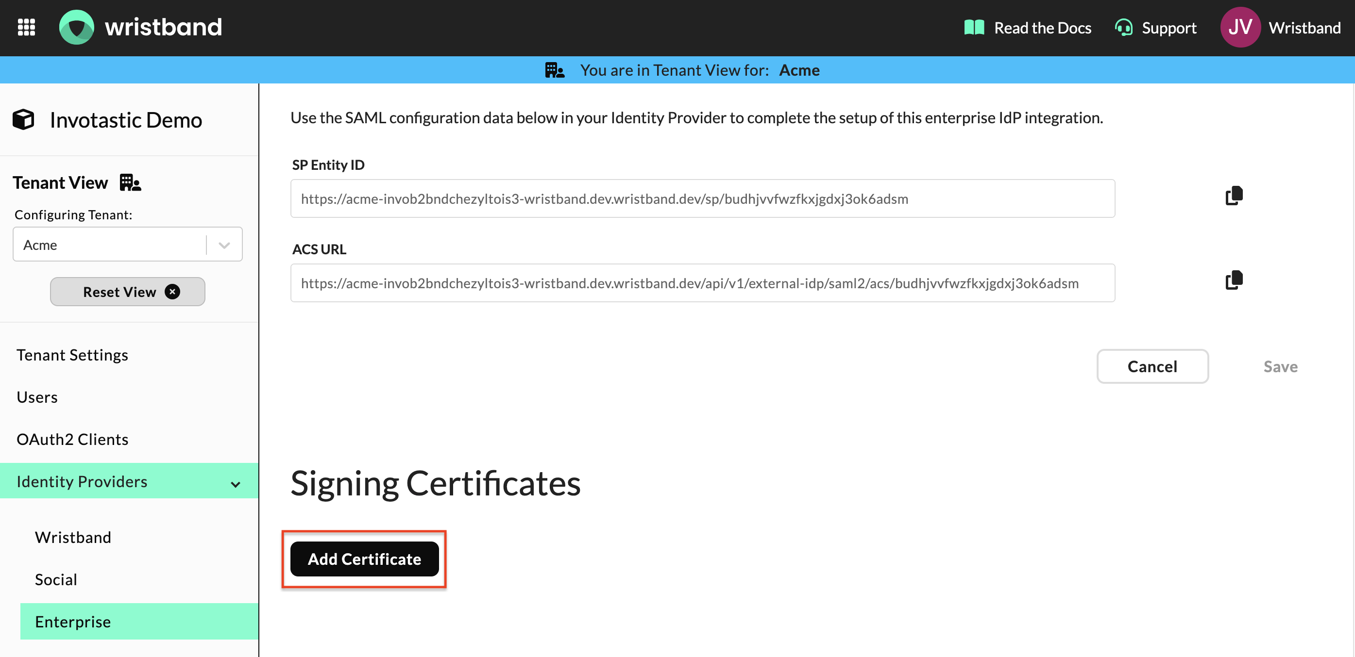 Wristband: Signing Certificates section with Add Certificate button