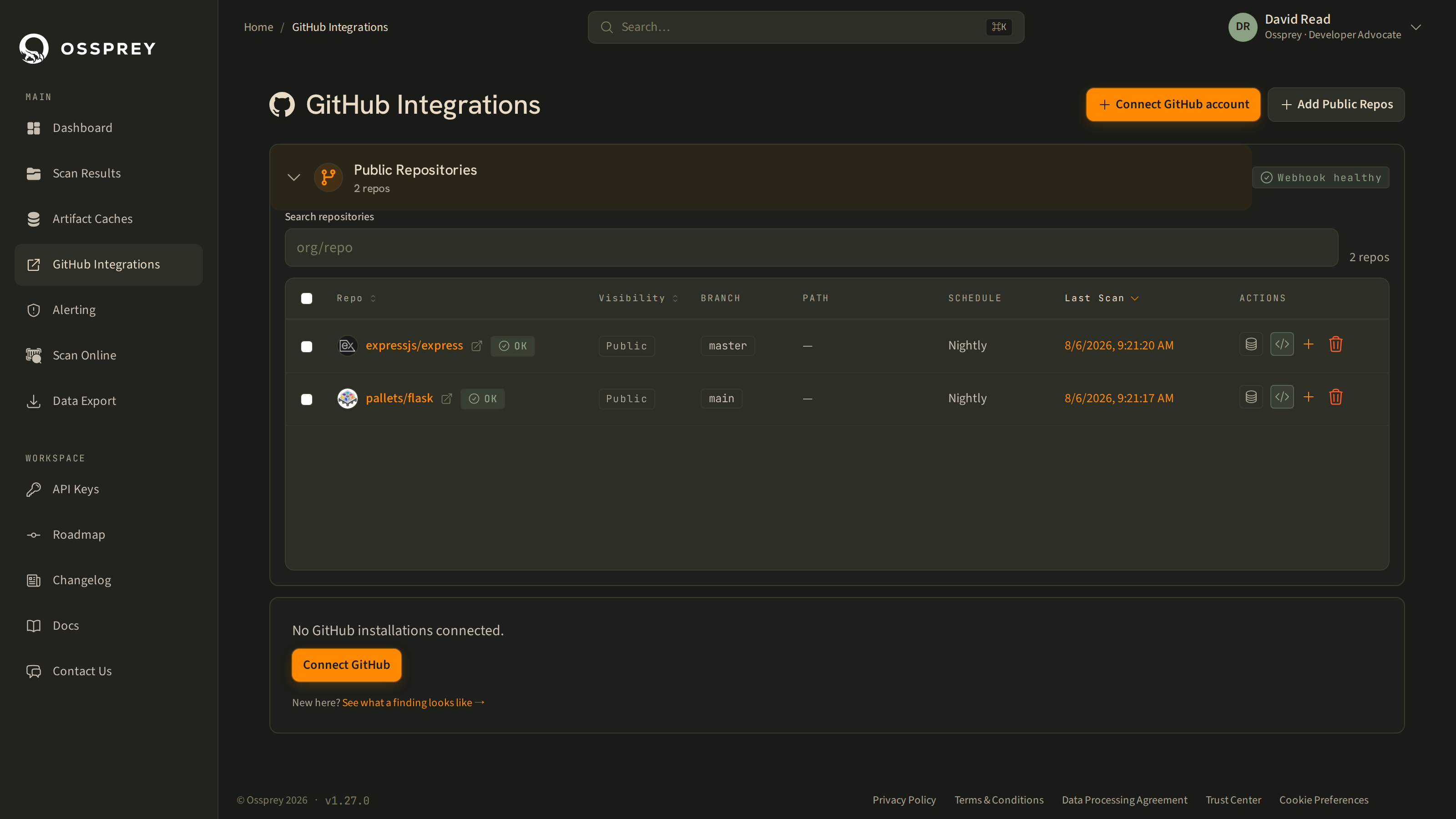 The repository monitoring table