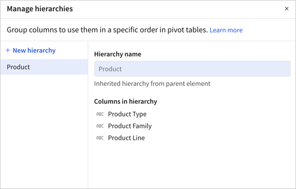Manage hierarchies popover showing an inherited hierarchy named Popover. The name is highlighted and text indicates "Inherited hierarchy from parent element".