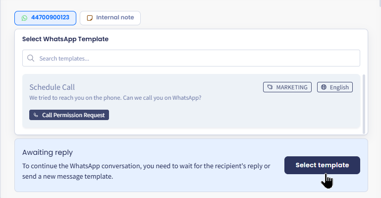 Screenshot of selecting WhatsApp emplate