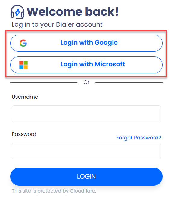 Screenshot of login page with Google and Microsoft sign-in options highlighted