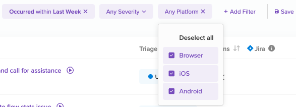 Platform filter for Issues: Browser, iOS, and Android