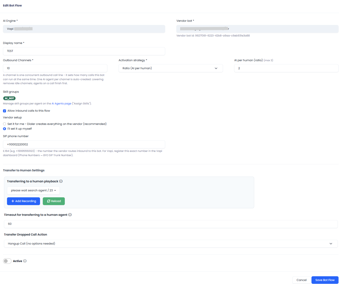 Screenshot of adding a bot flow