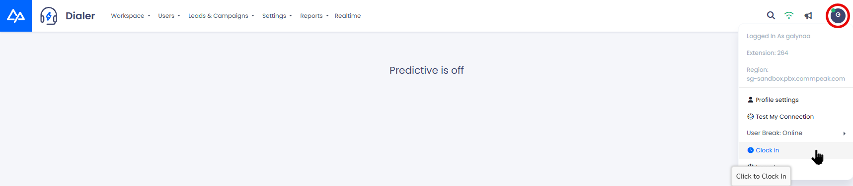 Screenshot with selecting the Clock In option