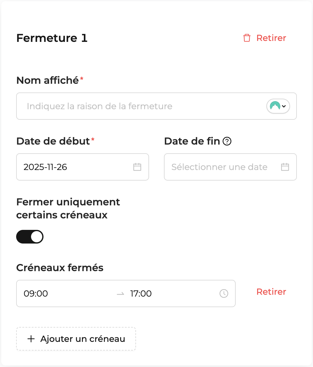 Créneaux fermés